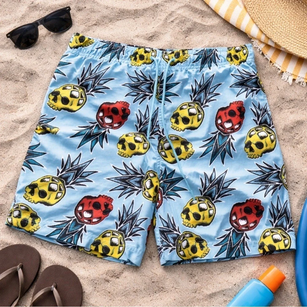 New George Men's Light Blue Tropical Skulls Swimwear Board Shorts Med (32-34)
